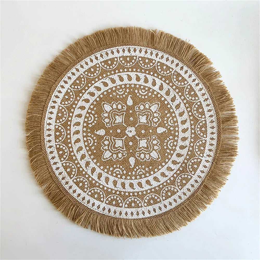 Vintage Pastoral Round Cotton Linen Placemats Handwoven Jute Tassels Placemats Soft Non-slip Table Pads Vase Mats Accessories
