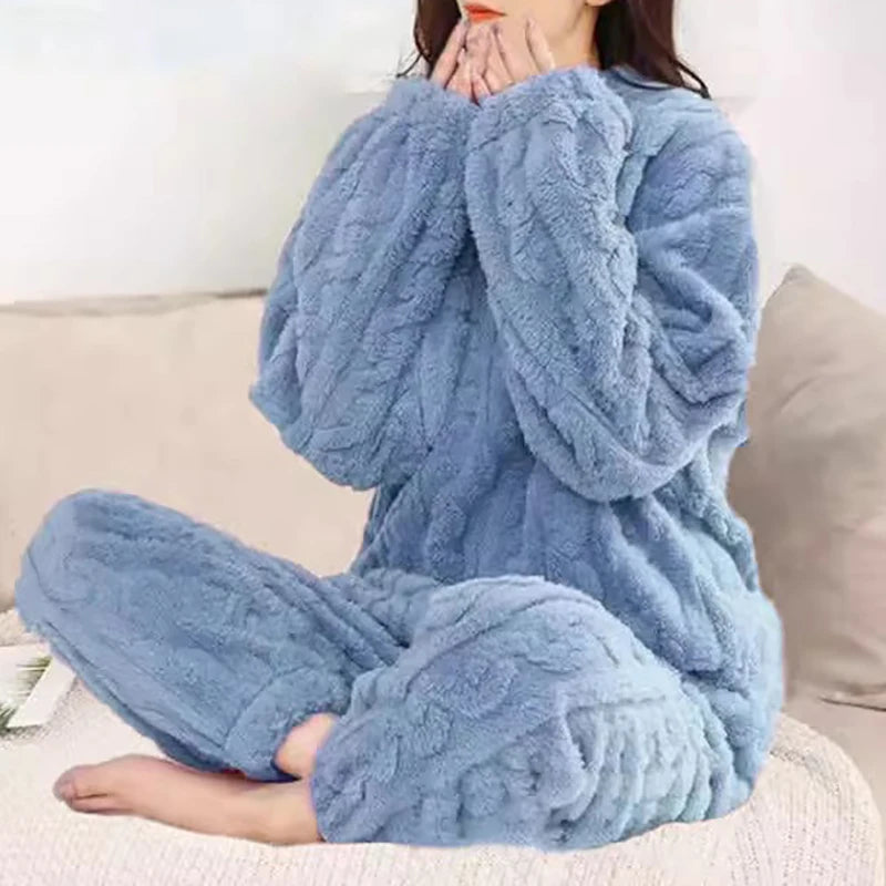 Conjunto de pijama de mujer, invierno, ropa de dormir, cuello redondo, top holgado de manga larga, pantalones de cintura elástica, conjuntos de pantalón, tallas grandes, conjuntos a juego