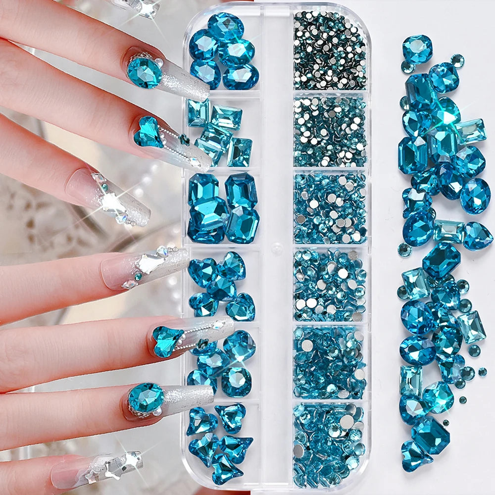 180 Uds. diamantes de imitación de cristal AB de espalda plana, gemas de diamantes de formas múltiples, piedras de cristal azul púrpura para decoración de uñas DIY