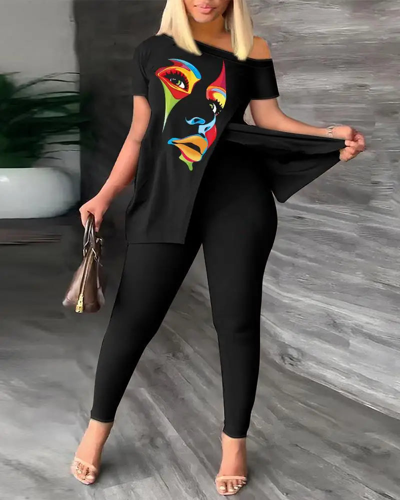 Conjuntos de dos piezas elegantes para mujer, nueva moda, estampado, top de manga con volantes, conjunto de pantalones de color sólido con cinturón, blusas, ropa femenina