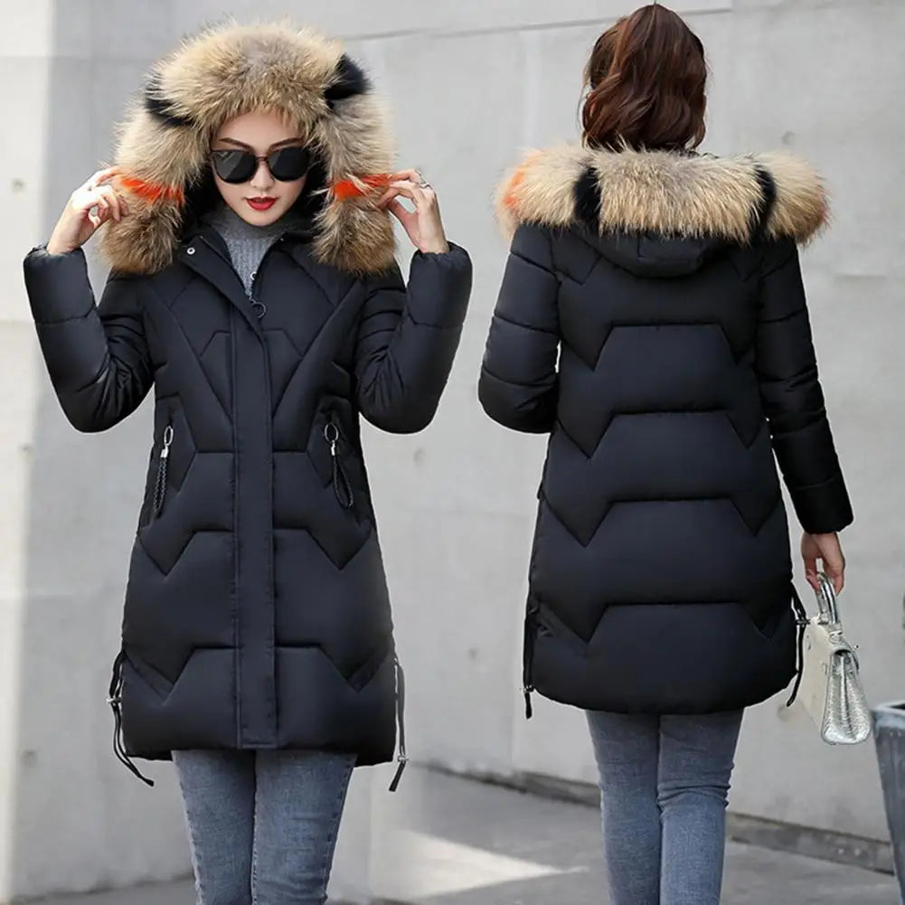 Hooded Cotton Jacket Stylish Winter Women's Cotton Jacket with Furry Hood Neck Protection Mid Length Zipper for Windproof