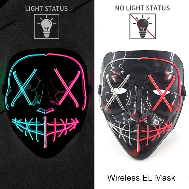 Máscara de purga LED de neón inalámbrica, que brilla en la oscuridad, máscara de cosplay de terror para Halloween, máscaras de fiesta de disfraces, accesorios luminosos divertidos