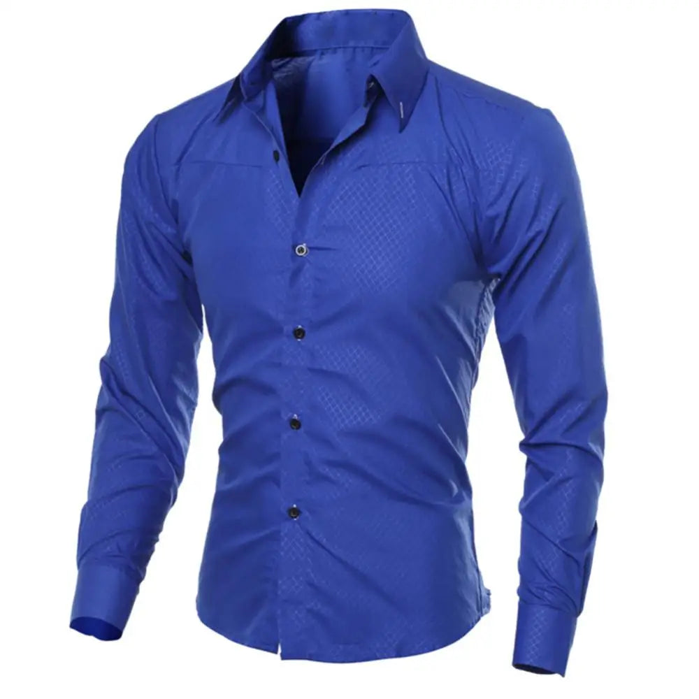 Camisa de vestir de negocios para hombre, de lujo, informal, social, formal, con solapa, manga larga, corte ajustado, color liso