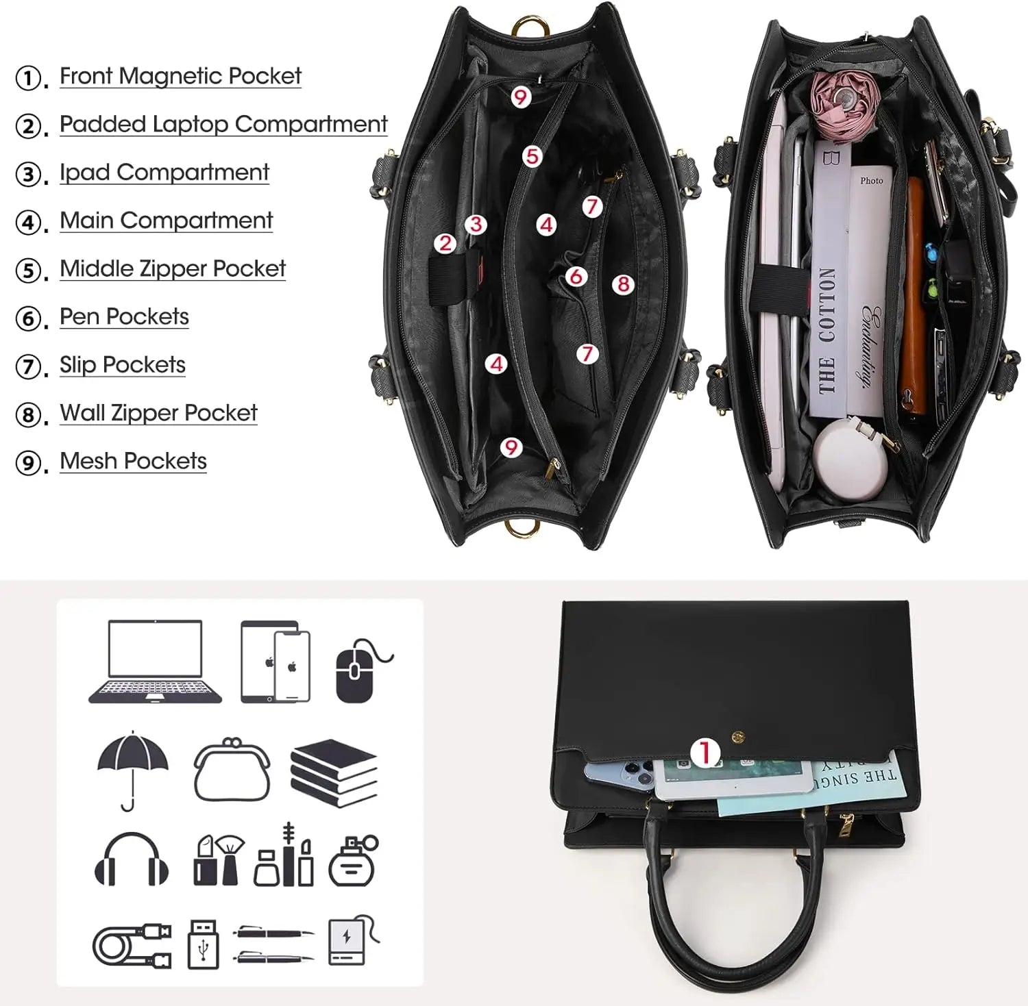 Large Capacity Laptop Bag for Women 15.6 Inch Laptop Tote Bag Leather Work Bag Waterproof Briefcase Business Office Computer Bag
