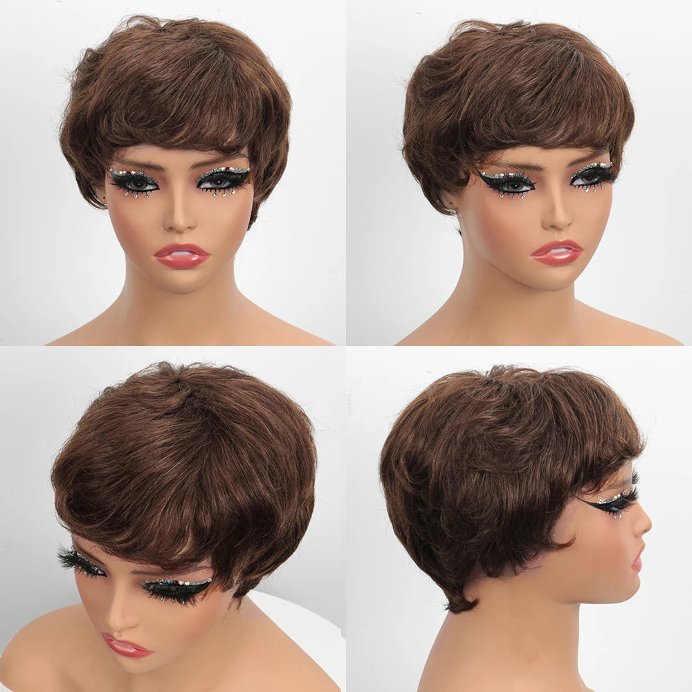 Peluca Pixie Cut Cabello Humano Peluca Corta Bob Pelucas Pixie Cut en Capas Cortas para Mujeres Negras Pelo Humano Remy Brasileño Sin Pegamento Sin Encaje