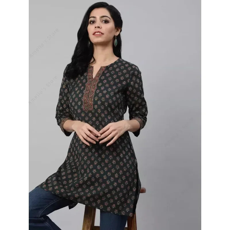 Indian Ethnic Women's Printed Kurta Top Lightweight Flannel Cotton with Three-Quarter Sleeves 4 Color Options India Dress