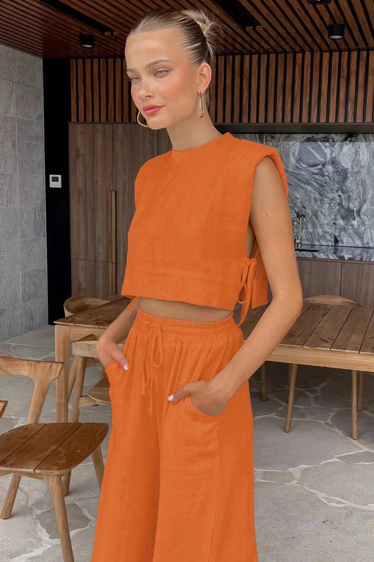 Cotton And Linen Pant Sets Women Sleeveless Leace-up Short Tops Drawstring Long Pants Two Piece Set Commuting 2025 Summer New