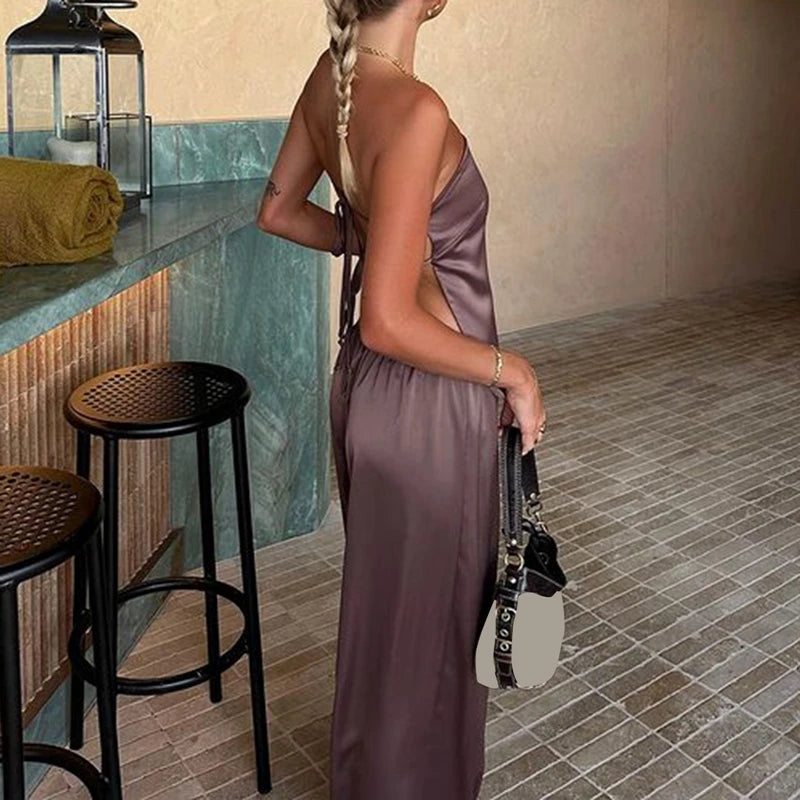 Women Satin Tube Top Pants Set 2 Piece Backless Lace Up Crop Tops Wide Leg Pants Y2k Coquette Clubwear Party Matching Outfits