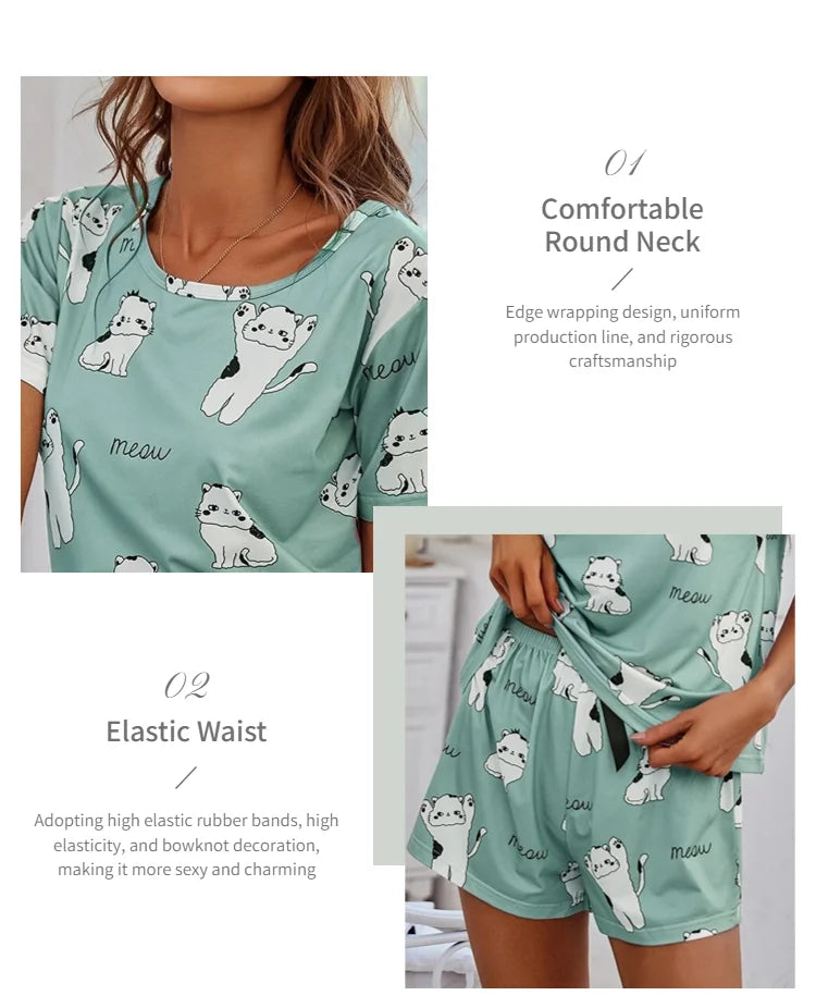 Pijamas de Mujer Conjuntos de Manga Corta Parte Superior y Pantalones Ropa de Dormir 2 Piezas Pjs Ropa de Casa Conjunto de Pijama Estampado de Dibujos Animados Ropa de Dormir