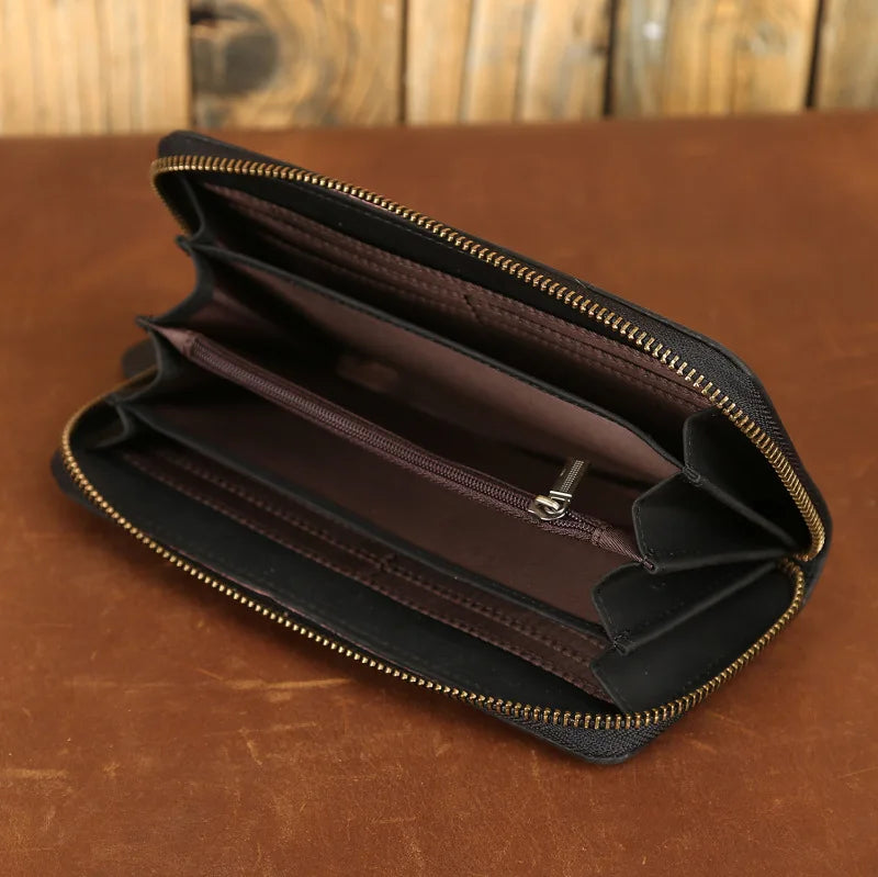 Billetera de lujo para hombre, cartera de mano de cuero genuino, monedero largo grabado en relieve, carteras de hombre de cuero grueso, carteras de mano de cuero para dinero