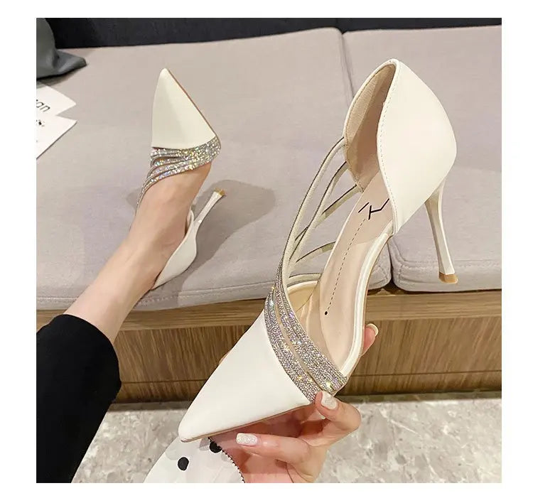 Zapatos de tacón alto para fiesta de noche de mujer, nuevos zapatos de salón elegantes para mujer, de punta, negros, con tiras, para mujer