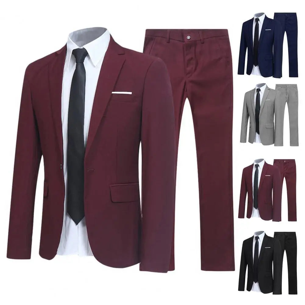 Traje de negocios informal para hombre, color liso, cuello vuelto, ajustado, traje de novio para boda, blazer, pantalones, conjuntos para hombre