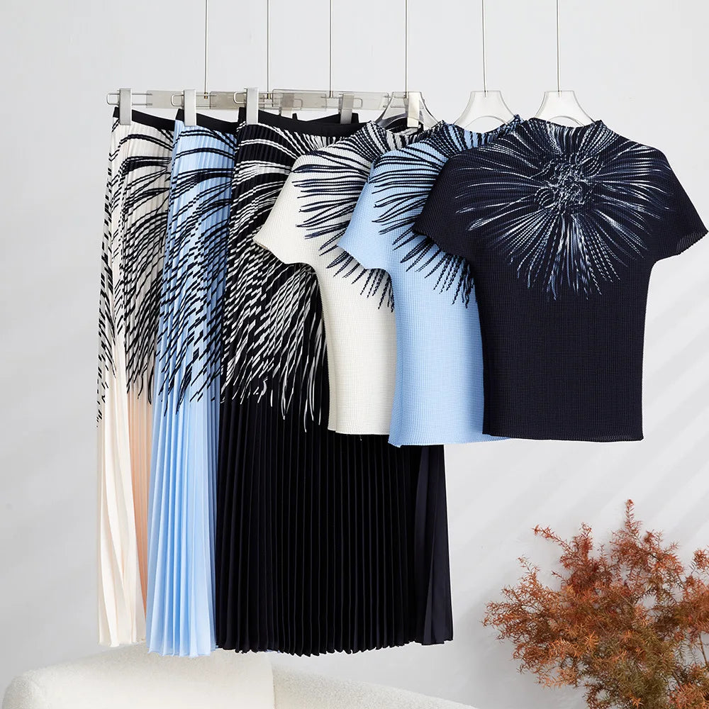 Pleated Skirt and Pleated Shirt Set Women's Summer Short Sleeve Top and Long Printed Pleated Skirt 2-Piece Set Short Skirt