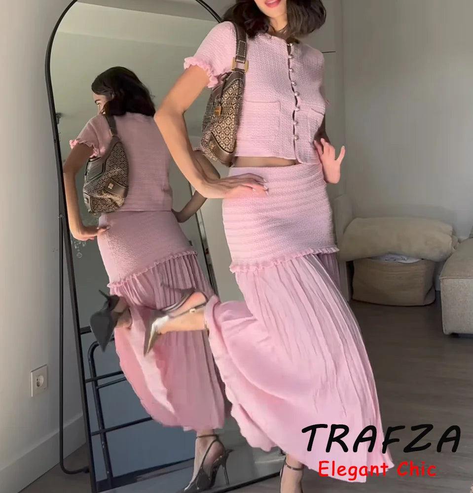 TRAFZA Elegant Chic Skirt Set Women's Chest Wrap Top Or Midi Skirt Or Short Sleeve Top 2025 Spring Summer Romantic Holidays Set