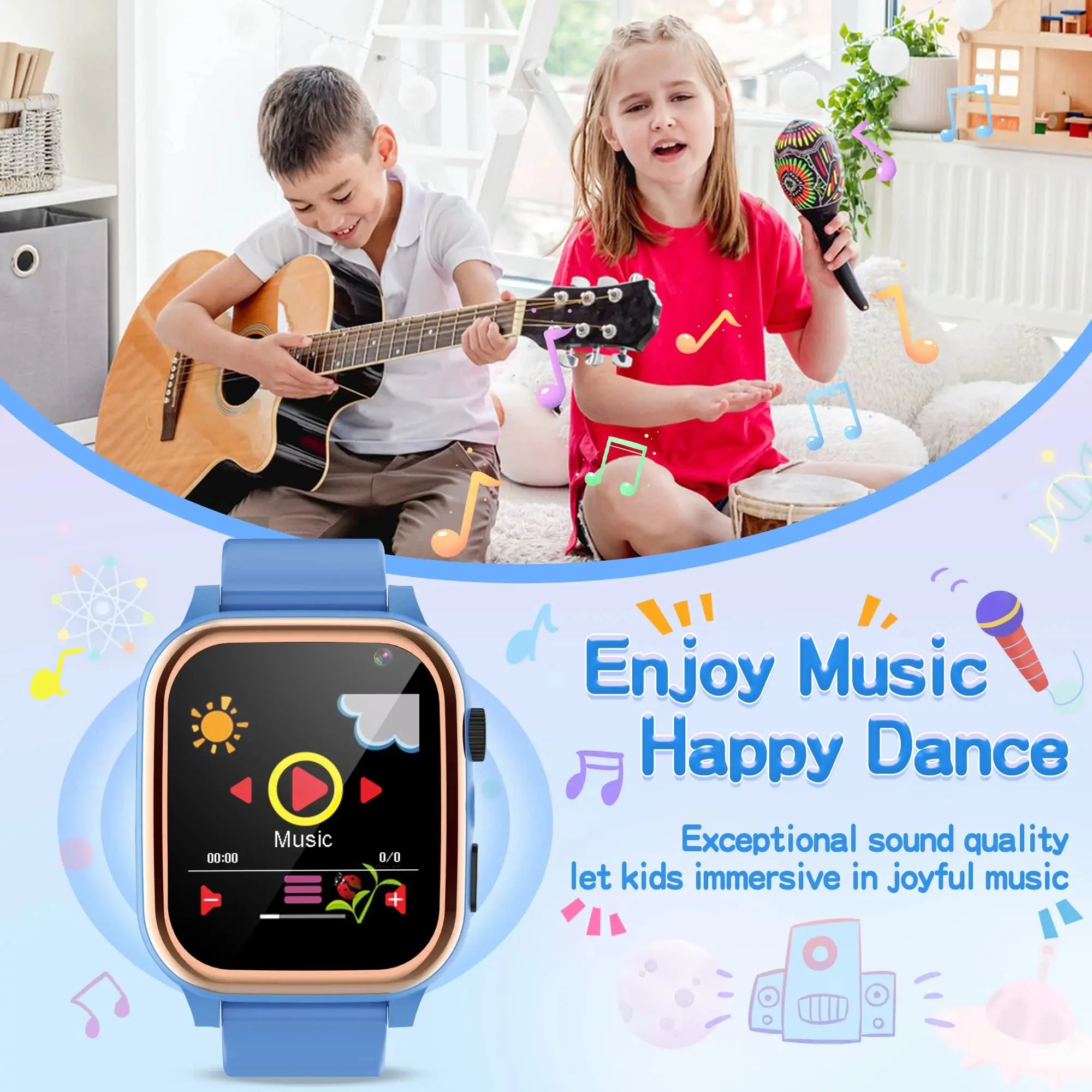 Montre connectée pour enfants, écran tactile HD, lecteur de musique, caméra, 16 jeux de puzzle, podomètre, calculatrice, lampe de poche, montre 12/24 h