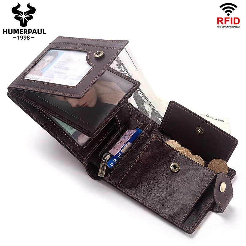 HUMERPAUL Lujosa cartera de cuero 100 % genuino para hombre, delgada, minimalista, duradera, con monedero, bolsillo para monedas, bloqueo de tarjetas de crédito.