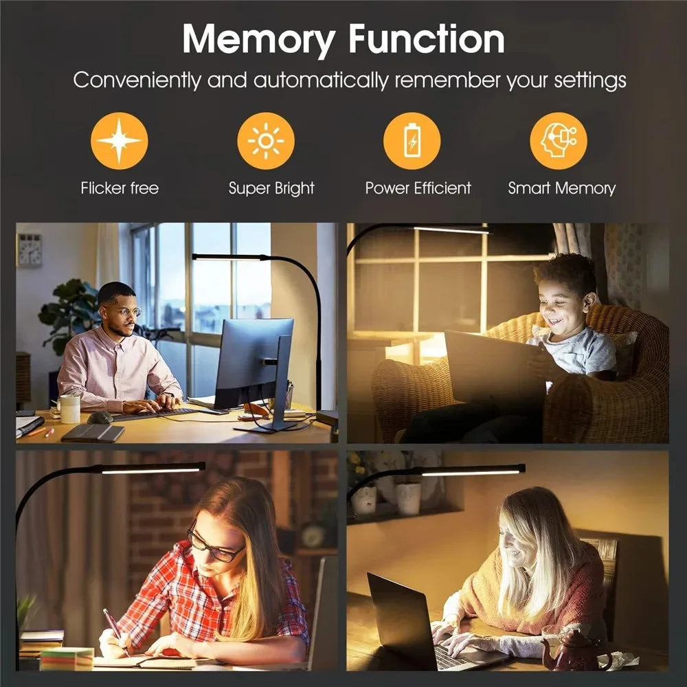 Lámpara de Escritorio LED de Uno o Dos Cabezales con Atenuación Continua, 3 Colores, Cuidado Ocular para el Hogar, Oficina, Luz de Lectura, Lámpara Flexible Ajustable