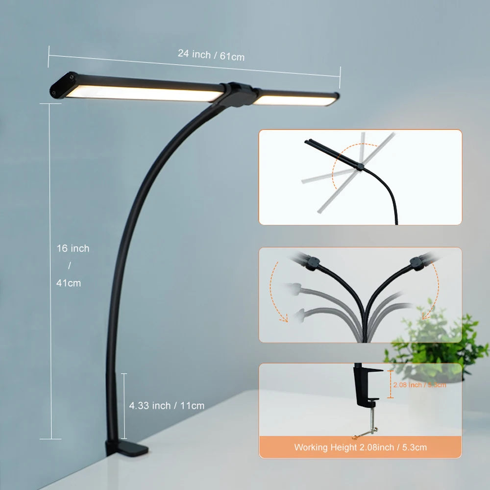Lámpara de escritorio LED de oficina para el hogar, doble cabezal, atenuación continua, luces de lectura que cuidan la vista, 3 modos de color, lámparas de mesa de PC ajustables y flexibles