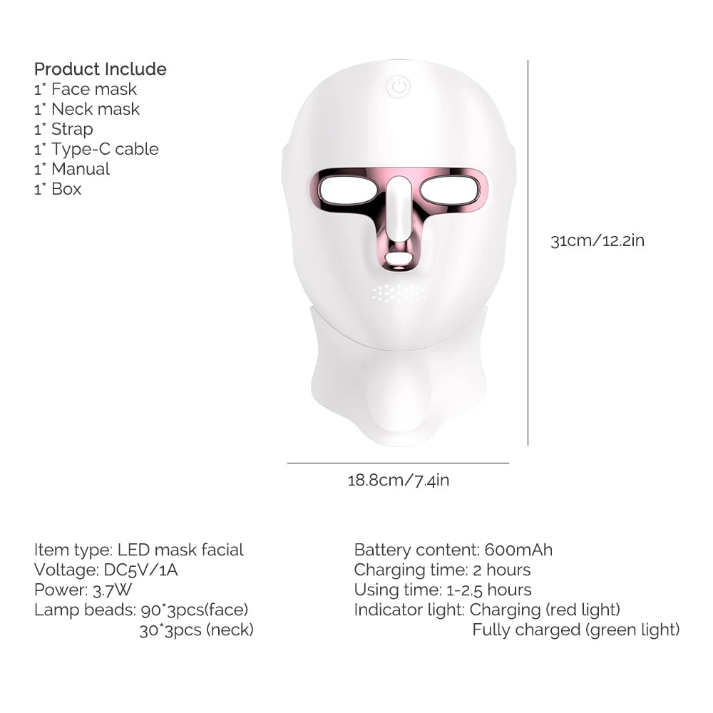 Mascarilla facial LED de 7 colores para rejuvenecimiento facial y de cuello con fotones, blanqueamiento, estiramiento, recargable, para el cuidado de la piel y el cuello, tratamiento de belleza