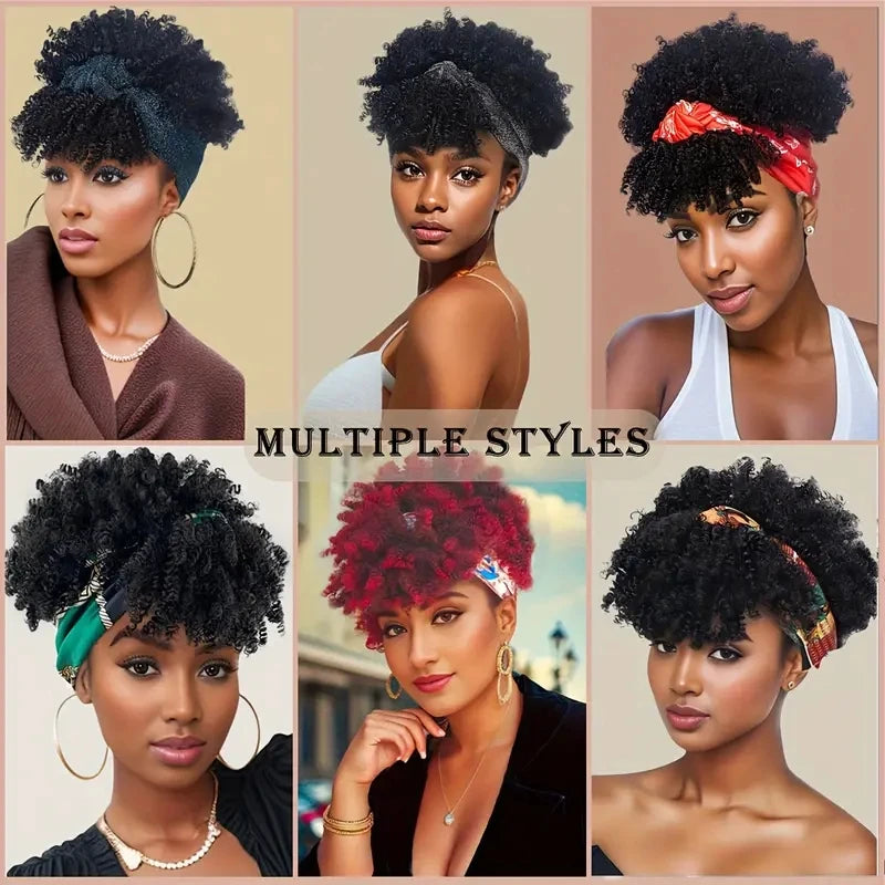 Afro Curly Headband Wigs Short Kinky Curly Wigs with Headbands Attached Scarf Wig For Women Synthetic Afro Puff Wigs with Bangs