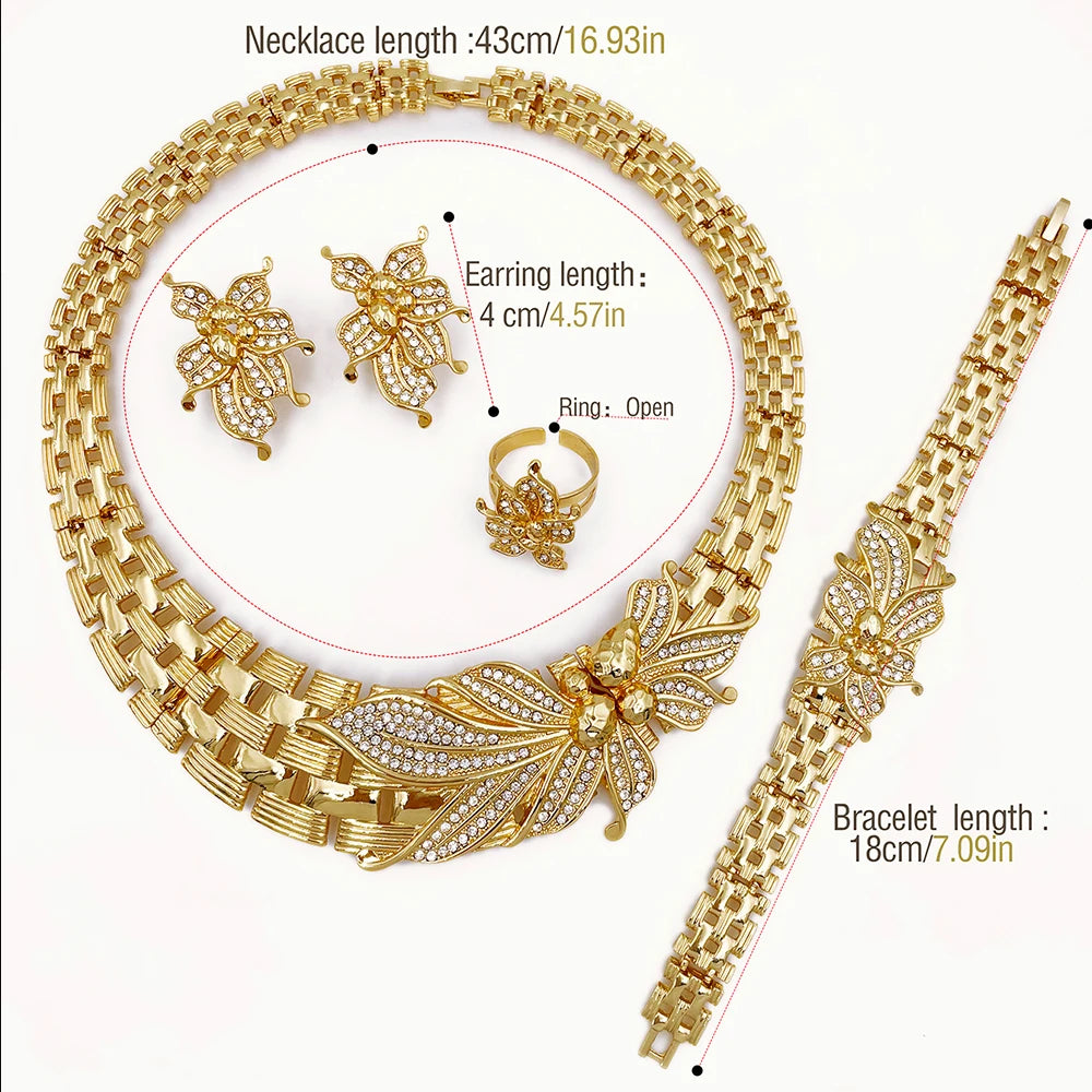 YTJX Juego de joyas de boda Africano Collar gargantilla de flor grande Pulsera de circonia fina Pendientes de perforación Anillo Joyería chapada en oro de 18 quilates