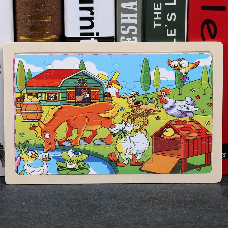 Rompecabezas de madera de 24 piezas para niños, diseño de animales de dibujos animados, juguete educativo temprano de madera para niños, regalo