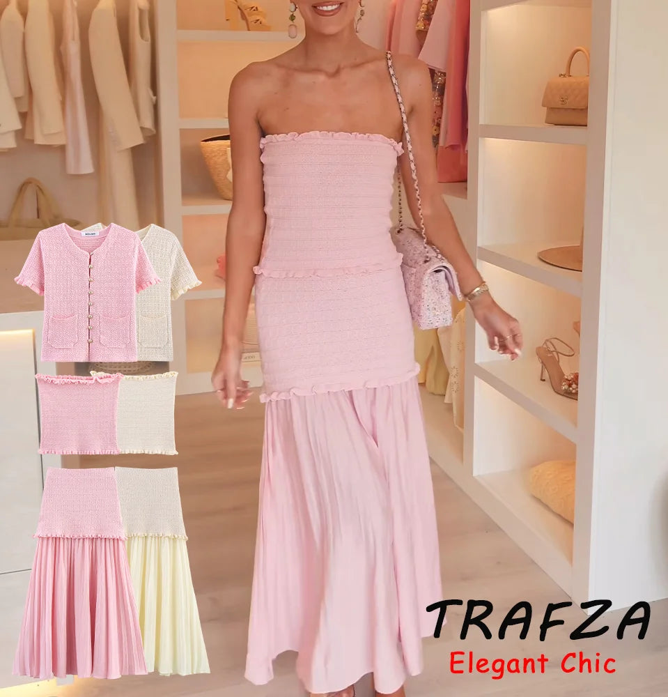 TRAFZA Conjunto elegante y chic de falda para mujer: top estilo "bandeau" o falda midi o top de manga corta. Conjunto para las vacaciones románticas de primavera-verano 2025.