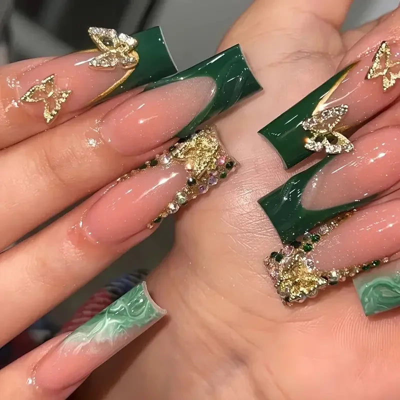 24 Uñas postizas largas a presión, de cobertura completa, con diseño de mariposa francesa, forma de ataúd, purpurina, pequeños diamantes, manicura portátil, puntas de uñas artificiales