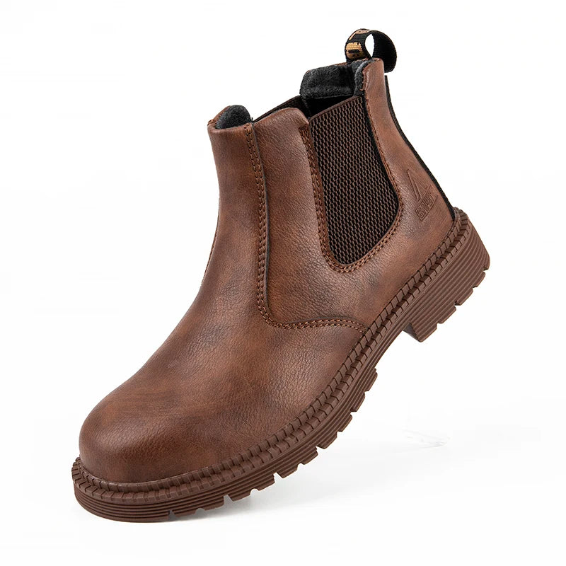 Zapatos de seguridad impermeables para hombre, botas de cuero con punta de acero, calzado masculino, botas de trabajo de construcción indestructibles, color marrón