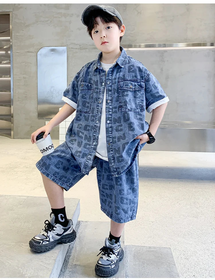 Conjunto de ropa casual de verano para niños Camisa y pantalón corto vaquero de 2 piezas para adolescentes y niños Traje de estilo urbano fresco