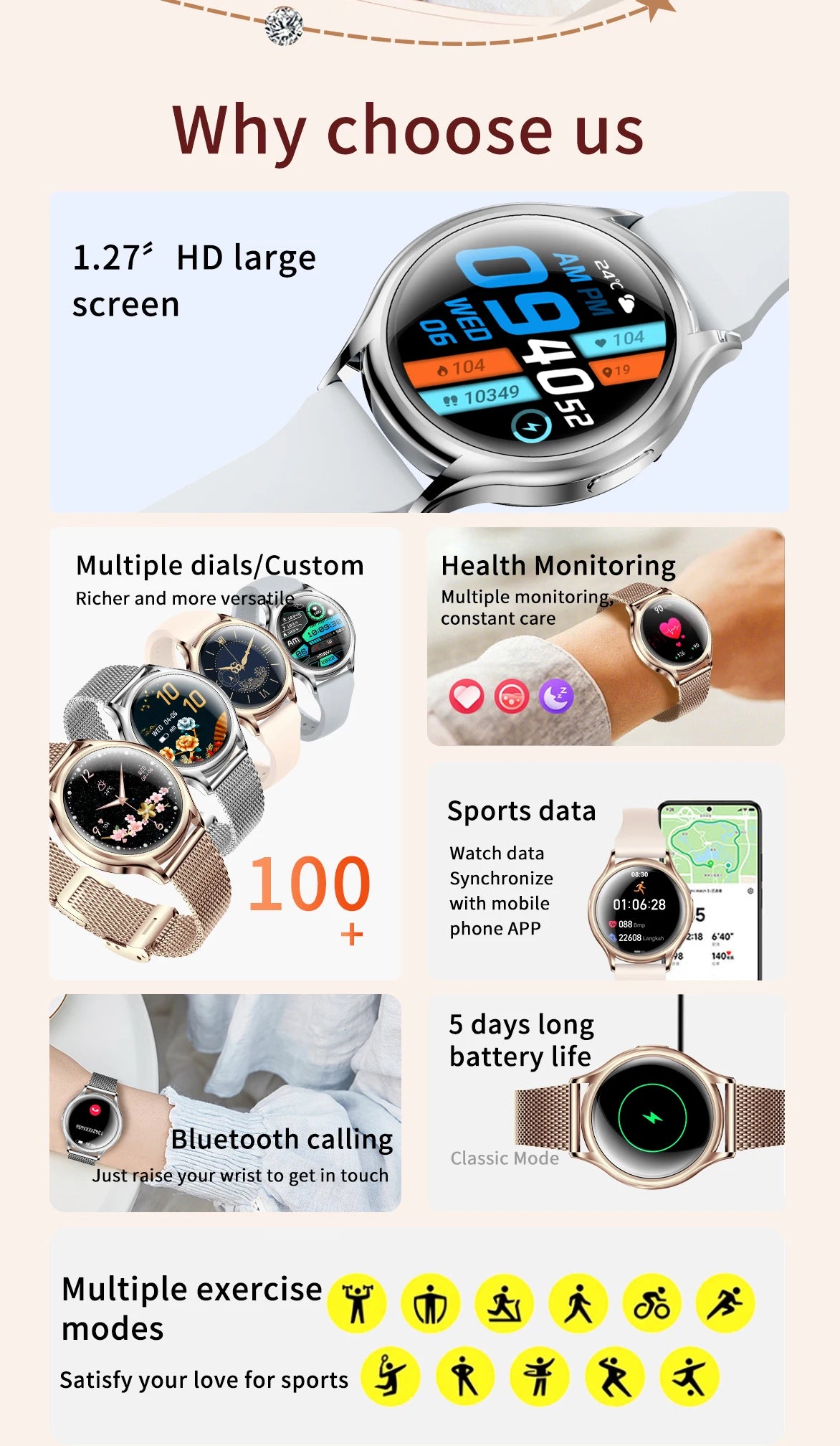 Reloj inteligente para mujer, pantalla HD de 1.27 pulgadas, monitor de salud, asistente de voz con IA, llamadas Bluetooth, control de música, esferas personalizadas, Smartwatch