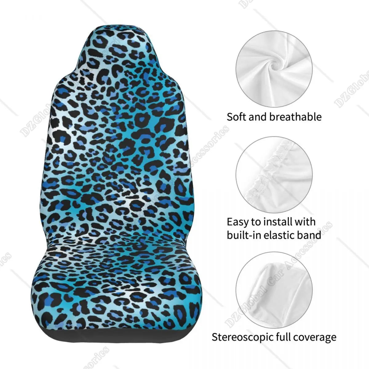 Housses de siège auto à imprimé léopard bleu pour hommes et femmes. Confortables et universelles, elles protègent les sièges avant baquets.