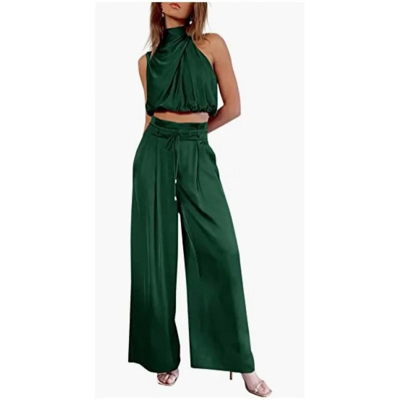 Ensemble deux pièces pour femme, pantalon ouvert au nombril, haut sans manches en soie plissée, pantalon large, ensemble assorti d'été 2024