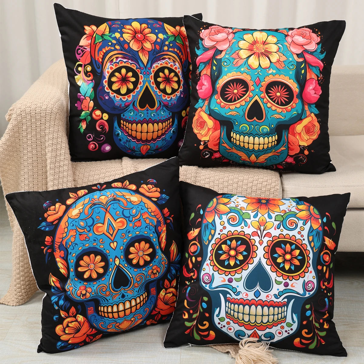 4pcs Mexican Day of The Dead Floral Throw Pillow Covers Holiday Party Decor Dia De Los Muertos Cushion Covers Home Decoration