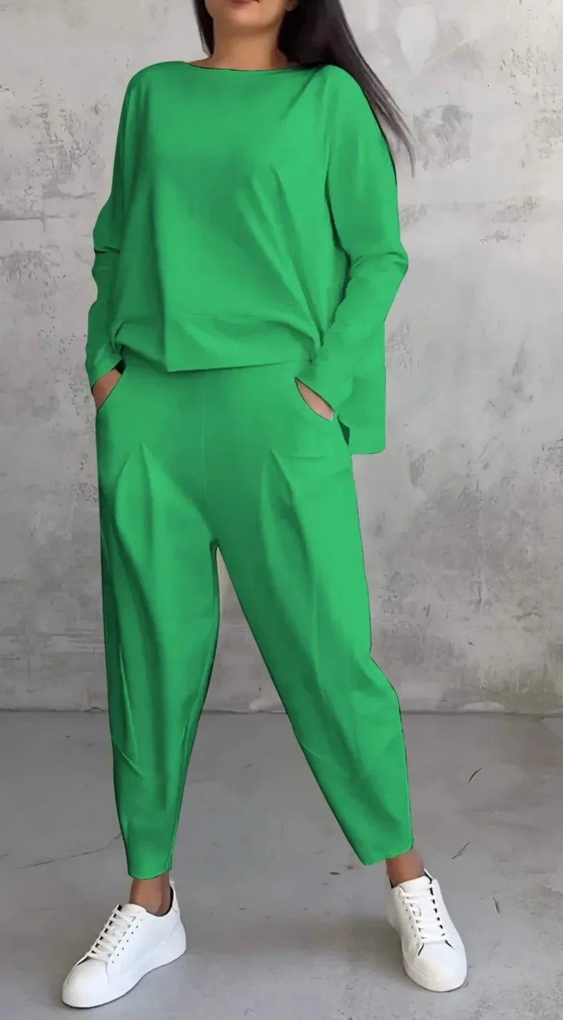 Conjuntos de dos piezas de pantalón para mujer, tops lisos de manga larga, cuello redondo, casual, pantalones largos de cintura media, bolsillos, elegante regular