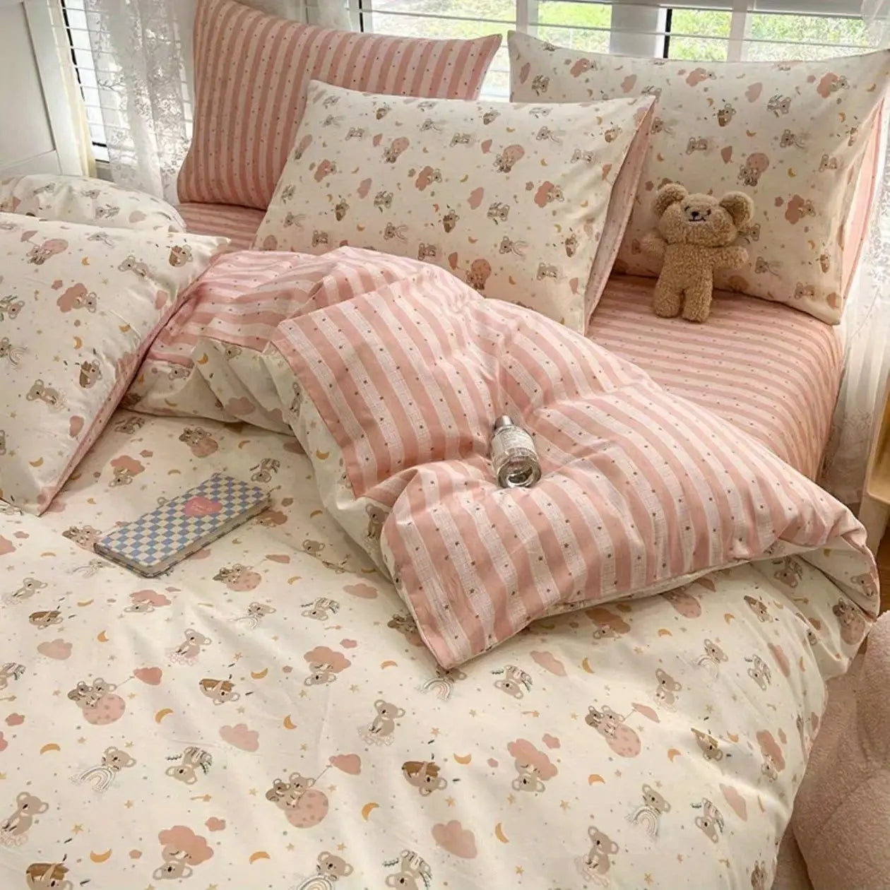 Juego de ropa de cama Kawaii para niños y adultos, sábana encimera, funda de edredón, funda de almohada, tamaño individual, doble, completo, ropa de cama floral de cerezo, textil para el hogar