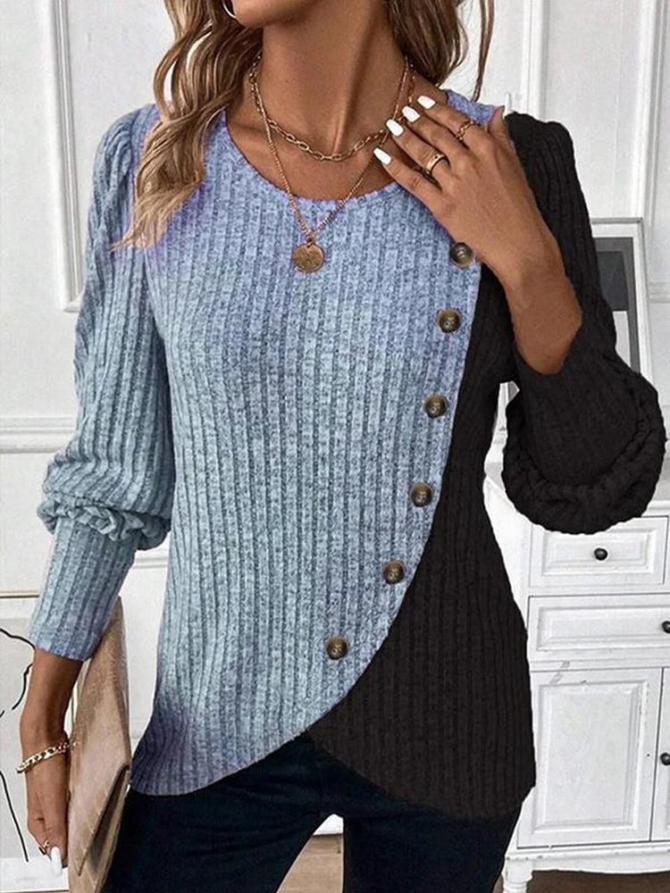 Jersey de otoño de manga larga con botones y rayas para mujer, jerséis de punto con cuello redondo, manga larga, colores en contraste, ropa de punto suelta y sencilla