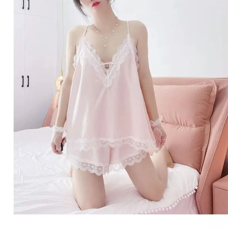 Conjuntos de pijama Y2K para mujer, ropa de hogar sexy de verano, talla grande, de seda fresca, suelta, elegante, con cuello en V y encaje, conjunto de dos piezas