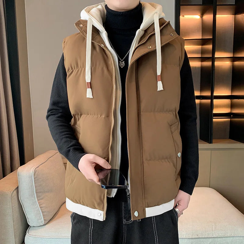 Chaleco cortavientos con capucha para hombre, chaqueta sin mangas, chaqueta de invierno, abrigo informal, chaleco grueso de algodón y plumón para hombre, abrigo grueso