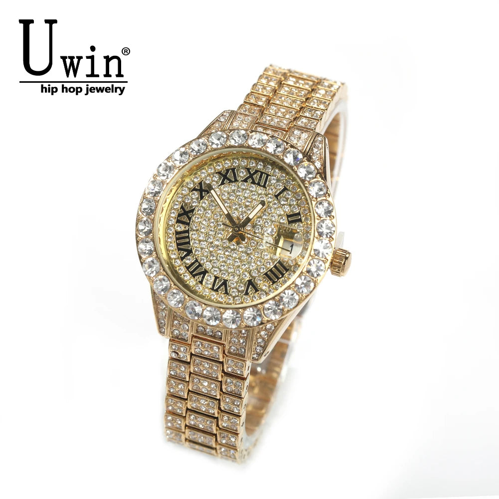 Uwin Women's Watch Baby Pink Iced Out Quartz Clock Small Dial Luxury Rhinestone Waterproof Wrist Watch Small Size For Women