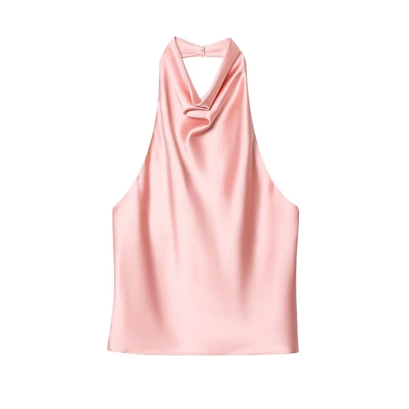 Haut dos nu en satin noir pour femme, haut de plage rose, épaules dénudées, pour l'été