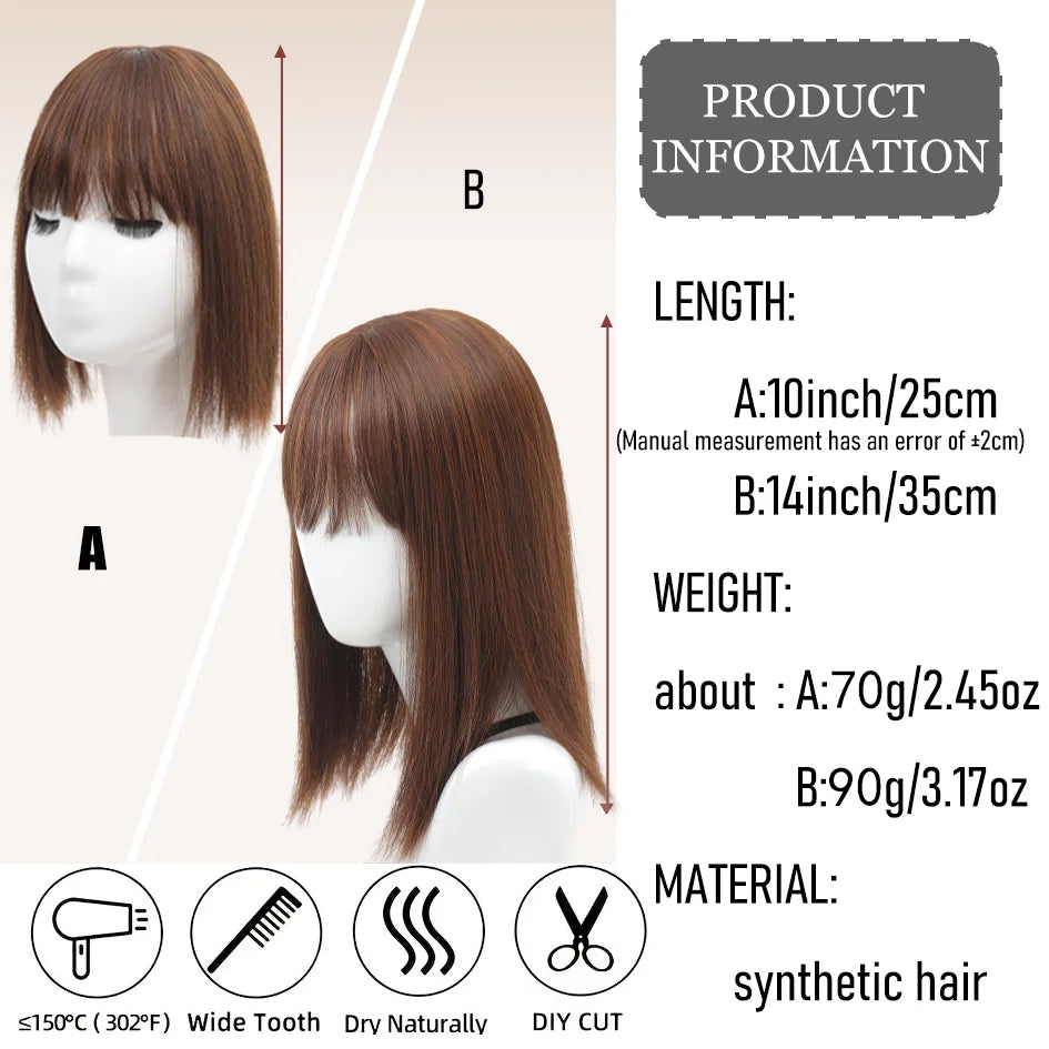 Syntetisk dameparykk med rett hår, 25 cm/30 cm pannelugg, topperstatning, tre kort, svart parykk/brun parykk/beige parykk/khaki parykk