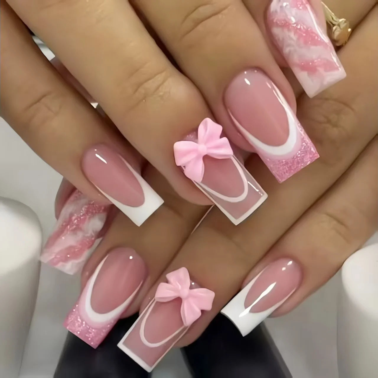 24Pcs 3D Stereo Bow Pearl French False Nails Pink Long Coffin Wearable Ballerina Fake Nails Full Cover Acrylic Press on Nail Tip