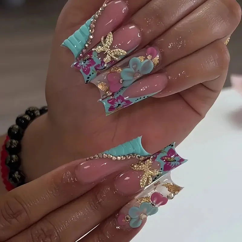 24 Uñas postizas largas a presión, de cobertura completa, con diseño de mariposa francesa, forma de ataúd, purpurina, pequeños diamantes, manicura portátil, puntas de uñas artificiales