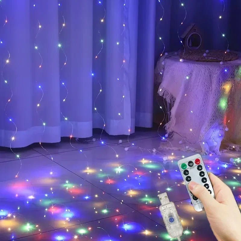Guirnalda de luces de hadas LED para boda, luces de Navidad, enchufe USB, cortina, cadena de luces, decoración navideña, fiesta de cumpleaños, decoración de pared