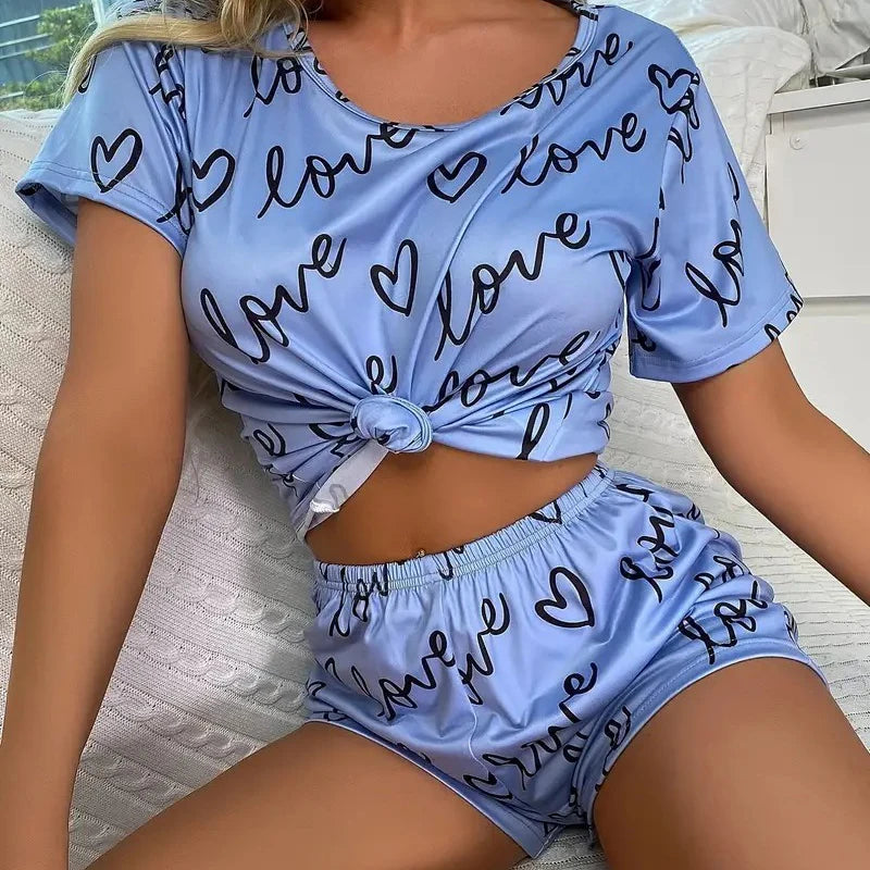 Pijamas de Mujer Conjuntos de Manga Corta Parte Superior y Pantalones Ropa de Dormir 2 Piezas Pjs Ropa de Casa Conjunto de Pijama Estampado de Dibujos Animados Ropa de Dormir