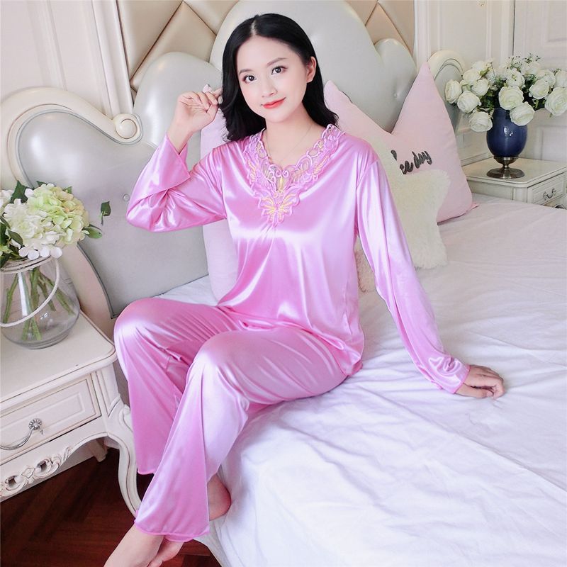 Women's Pajamas Set Summer Long Sleeve And Pants Pyjamas Two-piece Set Pajama Ice Silk Satin Sexy Sleepwear Home Suit Loungewear