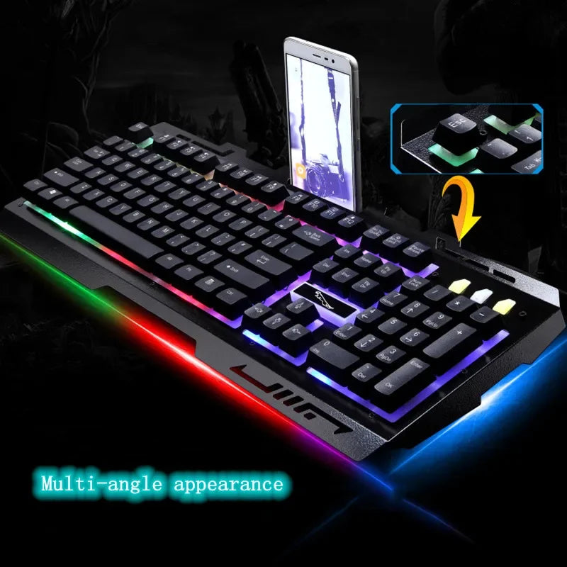 Teclado USB G700 Teclado para juegos con sensación mecánica y brillo metálico, personalidad empresarial, resistente al agua y soporte para teléfono móvil