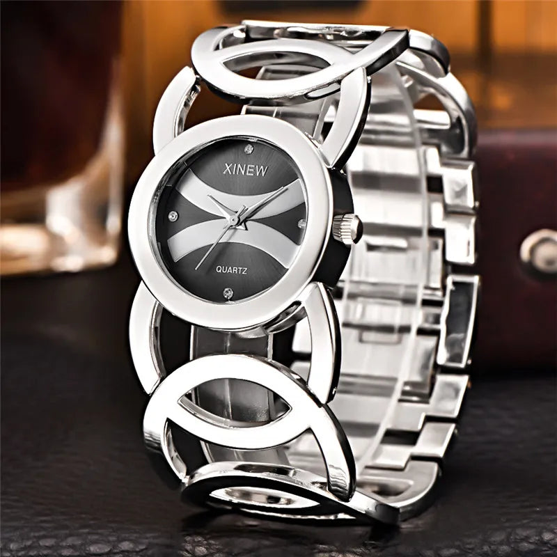 Mujeres Marca Grande Original XINEW 6438 Relojes Señoras Casual Dorado Lujo Cuarzo Pulsera Reloj Relogios Feminino Modas 2024