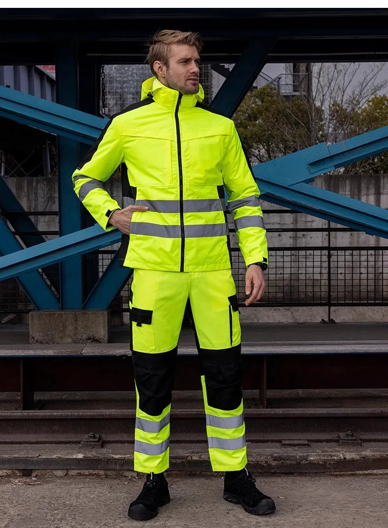 Trajes de trabajo de alta visibilidad amarillos para el invierno, conjunto de chaqueta impermeable de alta visibilidad 3 en 1 con forro y pantalones de trabajo para hombre
